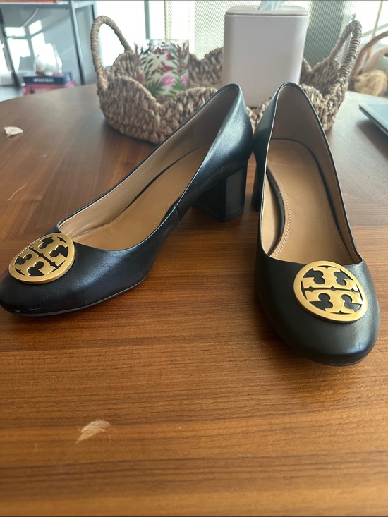 Tory Burch Shoes - Tory Burch Black Leather Block Heels with Gold Logo
